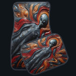 Färglöst Alien Figur Bilmatta<br><div class="desc">En intressant främmande figur kommer från en snurrande bakgrund av rikens  och orangar. Detta är i andra hand ett klassiskt stort huvud och ett utdraget ögon som skapar en aura av mystik och nyfikenhet.</div>