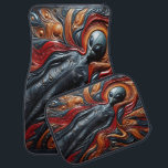 Färglöst Alien Figur Bilmatta<br><div class="desc">En intressant främmande figur kommer från en snurrande bakgrund av rikens  och orangar. Detta är i andra hand ett klassiskt stort huvud och ett utdraget ögon som skapar en aura av mystik och nyfikenhet.</div>