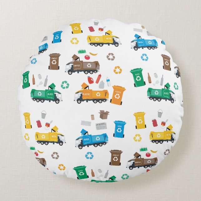 Färglöst återvinning av Sopor Lastbilar & Tunna Rund Kudde (Framsidan)