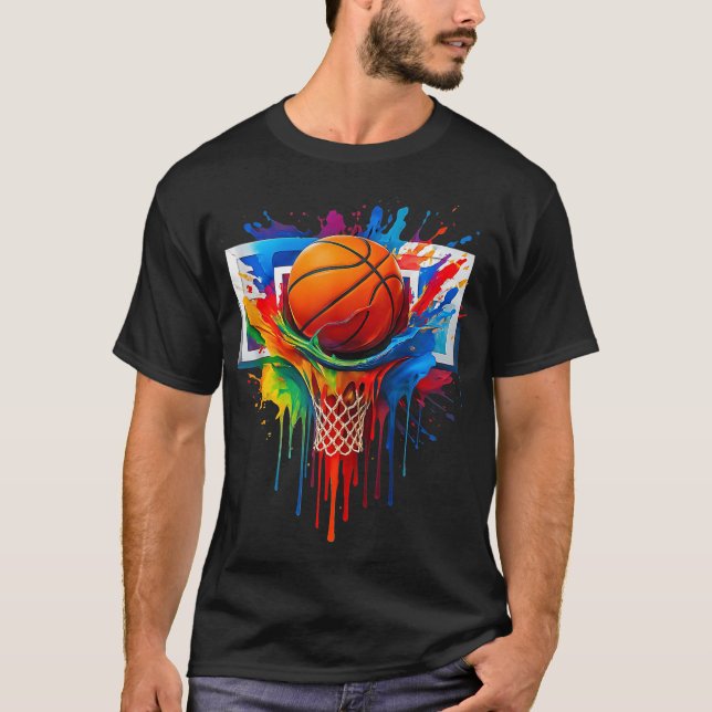 Färglöst Basketball Rainbow Färg Stänk Ring Net T Shirt (Framsida)