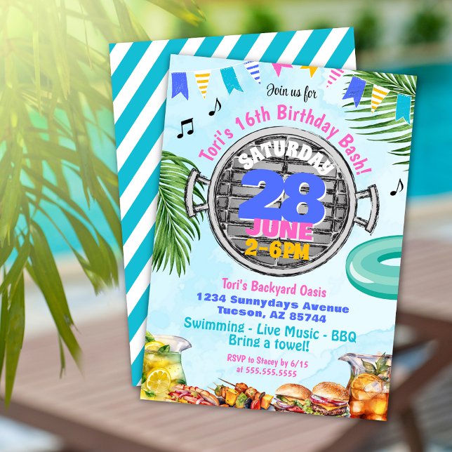 Färglöst Bassäng BBQ Födelsedagsfest inbjudan (Tropical beach theme pool party birthday barbeque invitation with pink purple and palm leaves)