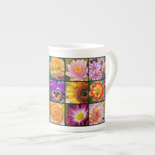 Färglöst blommigt kollage av ben china mugg benporslin mugg