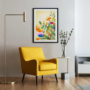 Färglöst blommigt, originalfärgad digital målning poster