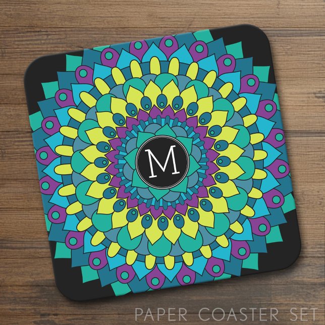Färglöst bohemiskt blomma med Anpassningsbar Monog Underlägg Papper Kvadrat (Custom Coaster Set)