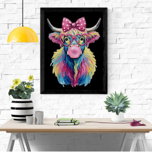 Färglöst coquette Highland Cow med glasögon och bl Poster