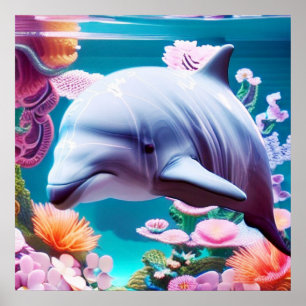 Färglöst delfiner i Blommigten Oceanen-Älskare Poster