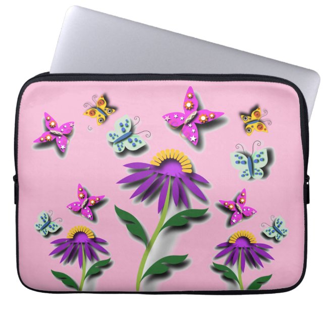 Färglöst fjäril och blomma laptop fodral (Framsidan)