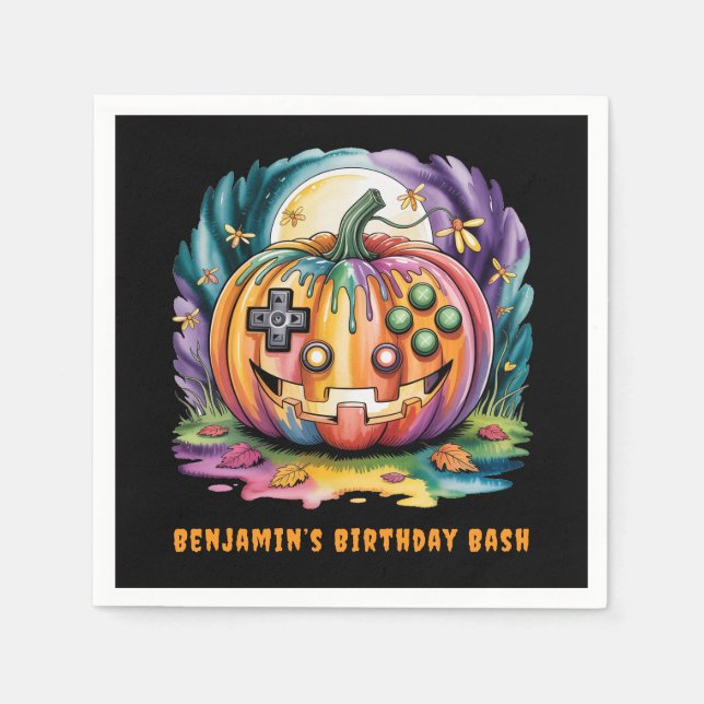 Färglöst gamer Pumpkin Halloween Bash Pappersservett (Framsidan)