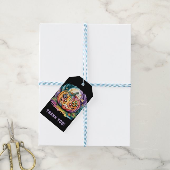 Färglöst gamer Pumpkin Halloween Bash Presentetikett (Med Snöre)