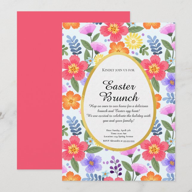Färglöst handdragen Blommigt Rosa Påsk Brunch Inbjudningar (Fram/baksida)