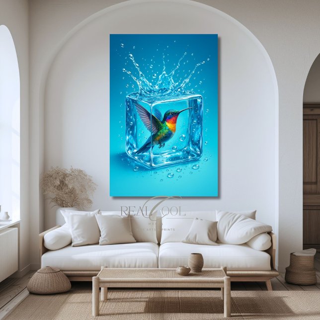 Färglöst Hummingbird Inside Ice Cube Neon Blue Poster (Skapare uppladdad)