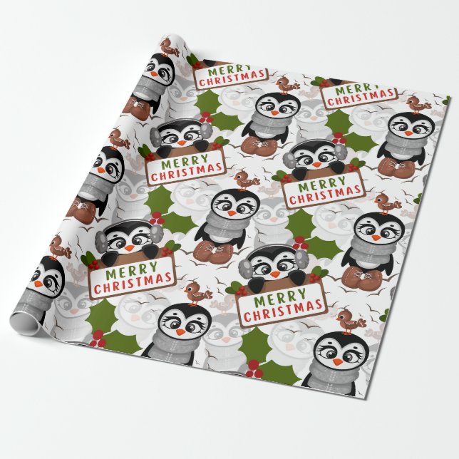 Färglöst julafton Mönster Cute Penguin Presentpapper (Utrullad)