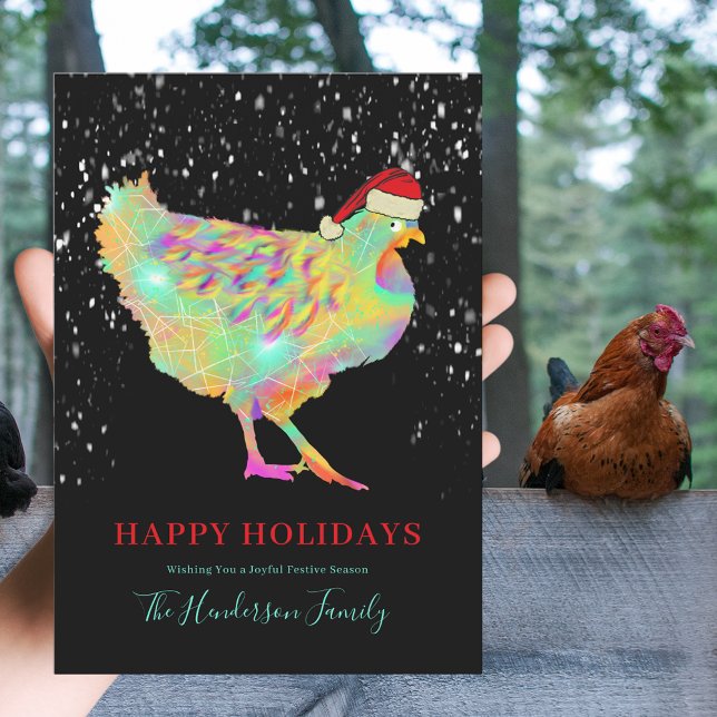 Färglöst julklapp Lägg till Namn Julkort (Colorful Christmas hen wearing a santa hat farm animal art custom holiday greetings card)
