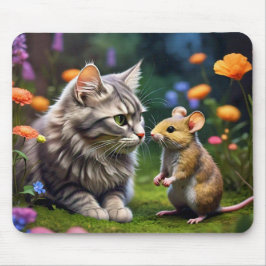 Färglöst katt och mus med blommor, musknapp musmatta