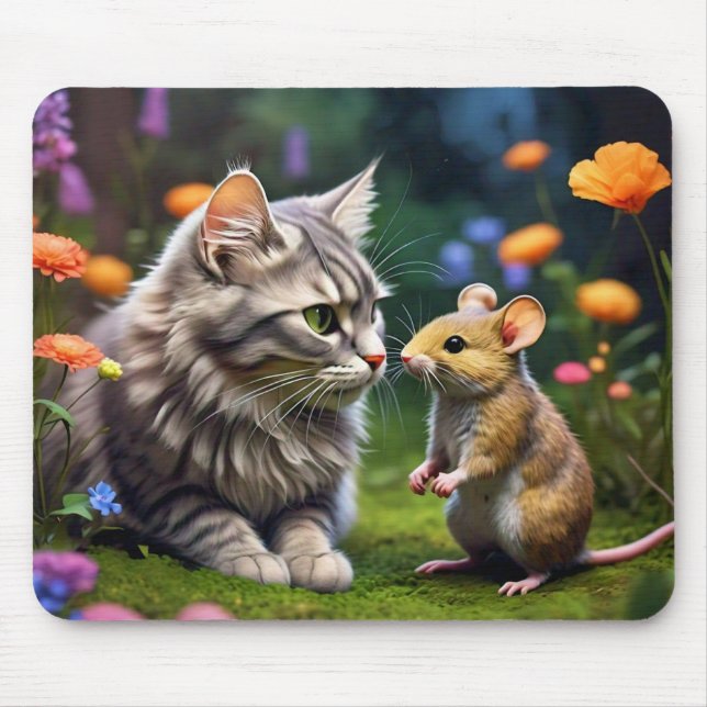 Färglöst katt och mus med blommor, musknapp musmatta (Framsidan)