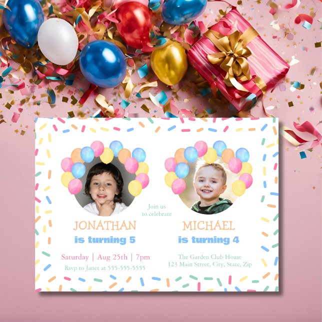 Färglöst konfetti-bubbelfoto-gemensam födelsedag inbjudningar (Skapare uppladdad)