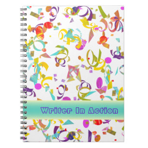 Färglöst konfetti-förlust över vit mall anteckningsbok med spiral