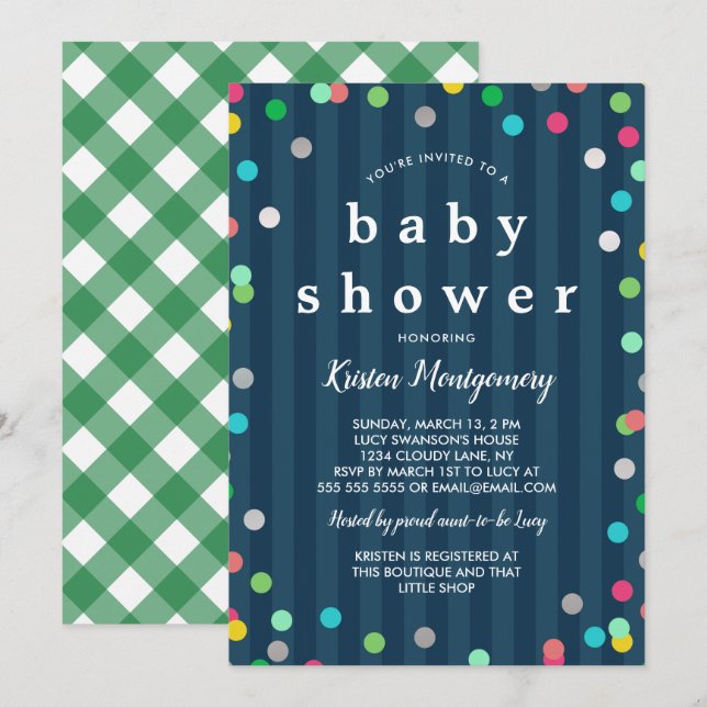 Färglöst konfetti - Mörk blått babystövel Inbjudningar (Fram/baksida)