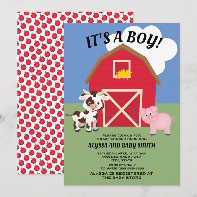 Färglöst Kow Gris Barnyard / Barnstötskläder för l Inbjudningar (Fram/baksida)