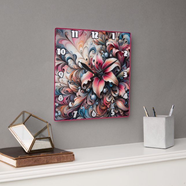 Färglöst Lily Mönster med rektal utformning Fyrkantig Klocka (Kontor)