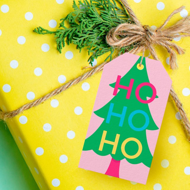 Färglöst Neon Typografi HO HO Julgran Presentetikett (Colourful Neon Typographic HO HO Christmas Tree Gift Tags)