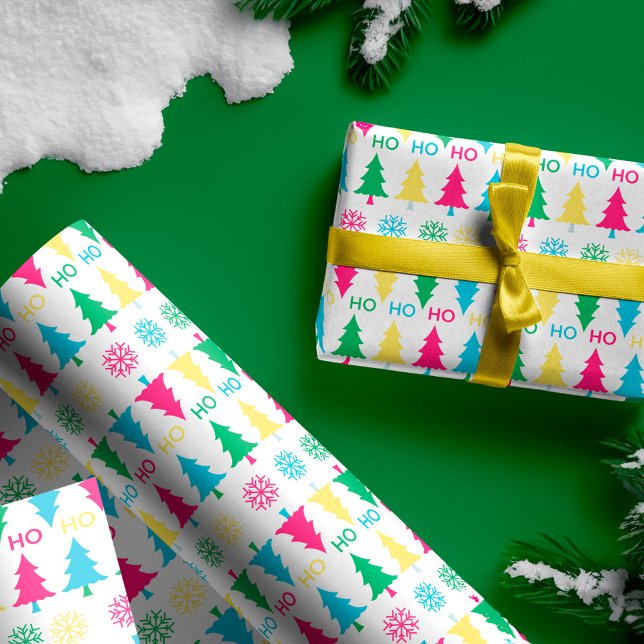 Färglöst Neon Typografi HO HO Julgran Presentpapper (Colourful Neon Typographic HO HO Christmas Tree Wrapping Paper)