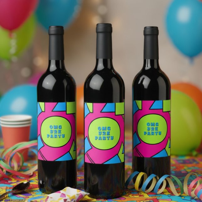 Färglöst popup-etikett Retro Y2K Party Vin Vinflaska Etikett (Fun and colorful wine label for your Y2K throwback party)