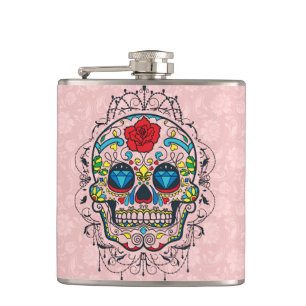 Färglöst Retro Blommigt Sugar Skull Röd ros 2d Fickplunta
