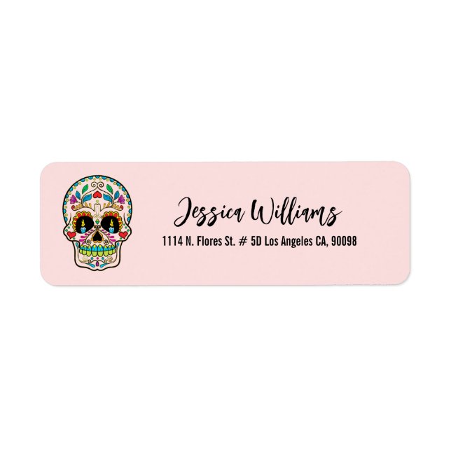Färglöst Retro Sugar Skull på Rosa Returadress Etikett (Framsidan)