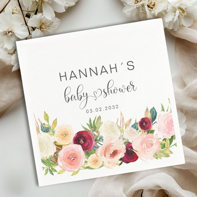 Färglöst Ro, babystövel Pappersservett (Colorful Roses, Baby Shower Napkins with your name and date.)