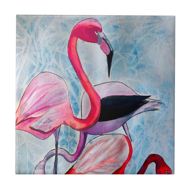 Färglöst rosa flamingo vattenfärgsdel kakelplatta (Framsidan)