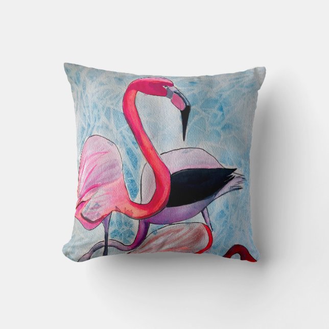 Färglöst rosa flamingo vattenfärgsdel kudde (Framsida)