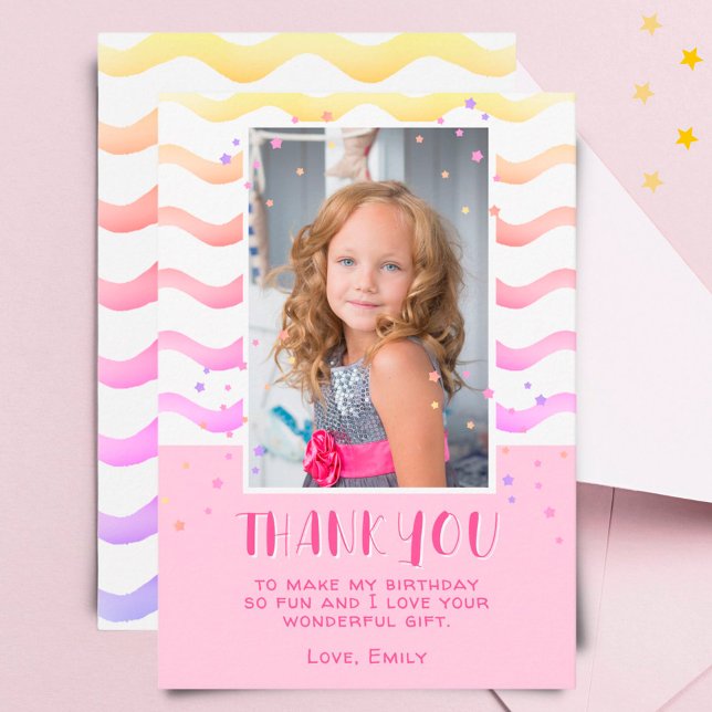 Färglöst Rosa Stars Birthday Kids Girl Photo Tack Kort (Skapare uppladdad)
