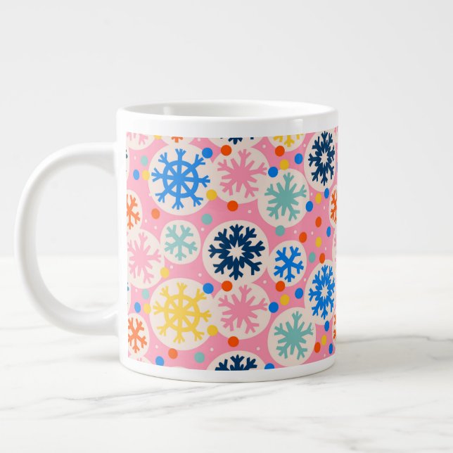 Färglöst Snöflingor på Rosa Helgdag Mönster Jumbo Mugg (Vänster)