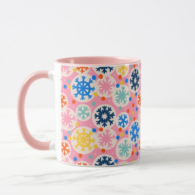 Färglöst Snöflingor på Rosa Helgdag Mönster Mugg (Vänster)