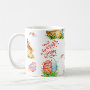 Färglöst, sömlös mönster med vår påsk-kontur kaffemugg