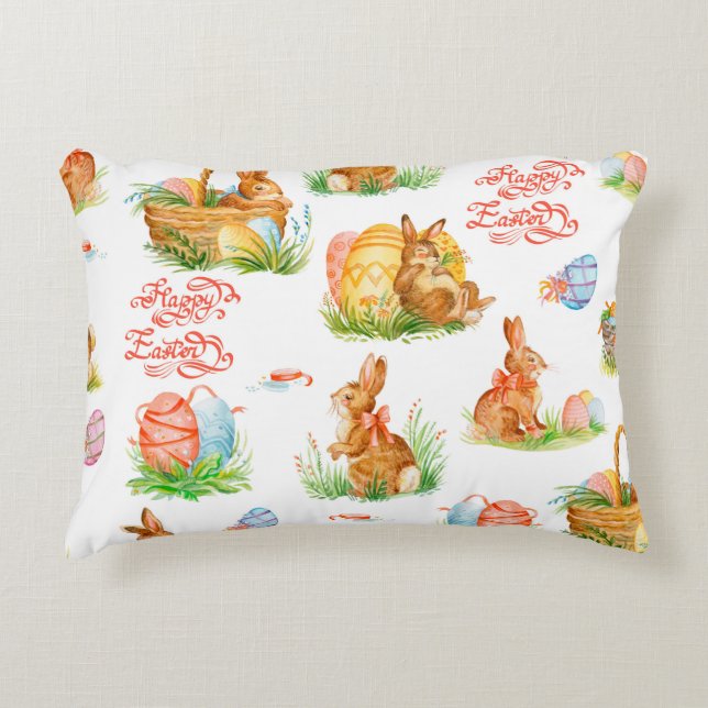 Färglöst, sömlös mönster med vår påsk-kontur prydnadskudde (Framsidan)