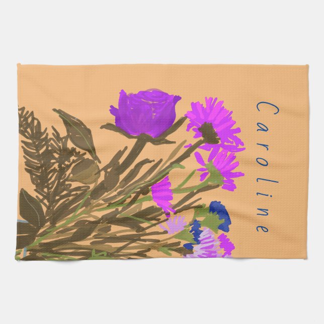 Färglöst Söt Vår blommor + Anpassat namn Kökshandduk (Horisontell)