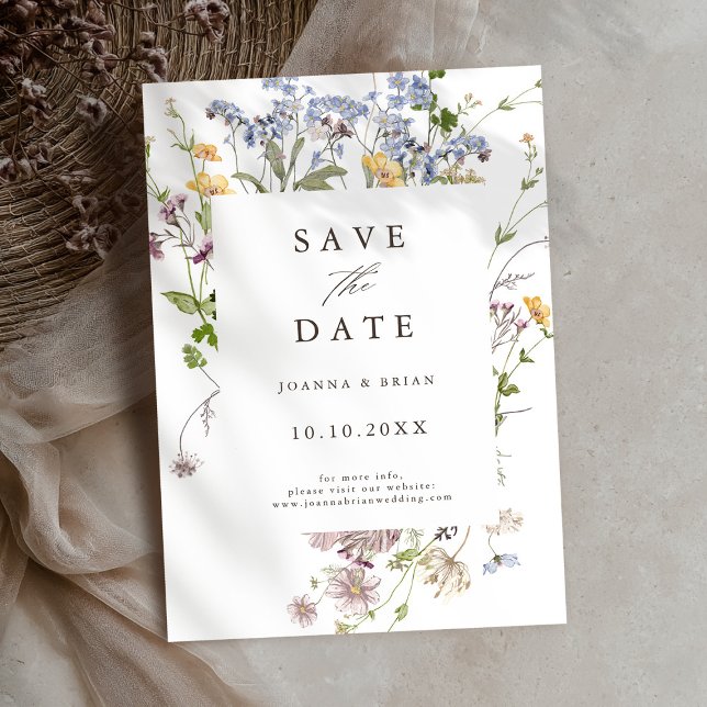 Färglöst Söt Vår Wildblomsallagg Garden Spara Datumet (Colorful Pretty Spring Wildflower Meadow Garden Save The Date card)