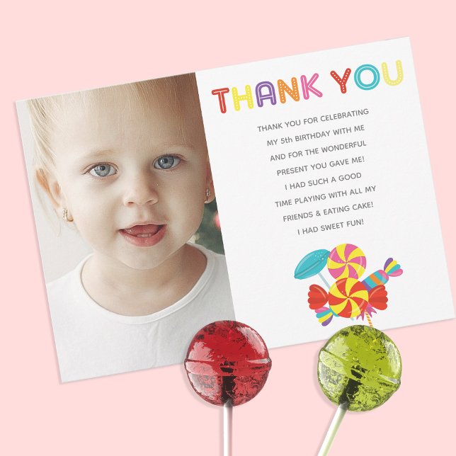 Färglöst sötad Roligt Kandy Theme Birthday Tack Kort (Colorful Sweet Fun Candy Theme Birthday Thank You Card )