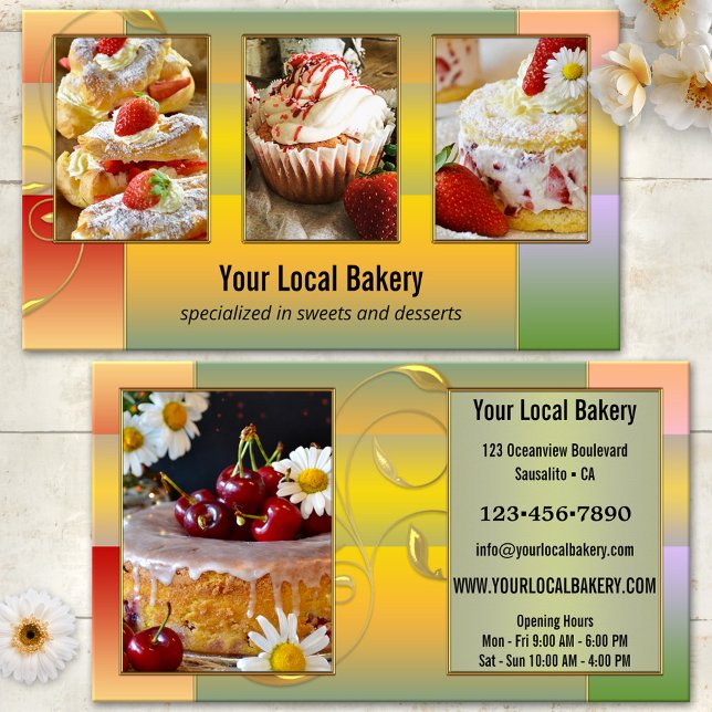 Färglöst, sötat bakerfäst foto visitkort (Bakery photo business card featuring sweet cakes and desserts framed by an artistic colorful design)