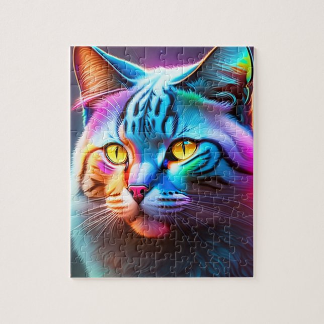 Färglöst stor katt med Rainbow Färg Neon Ljus Pussel (Vertikal)