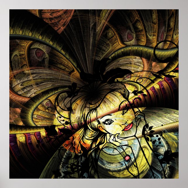 Färglöst streck med Blommigt Girl Poster (Framsidan)