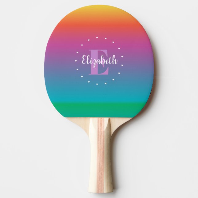 Färglöst tonermonogram för Cute Rainbow Ombre Grad Pingisracket (Framsidan)