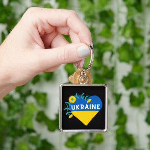 Färglöst ukrainsk Flagga Flower Heart Fyrkantig Silverfärgad Nyckelring