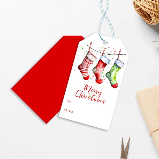 Färglöst vattenfärg för julstämning till och från presentetikett (Merry Christmas watercolor custom gift tag. )