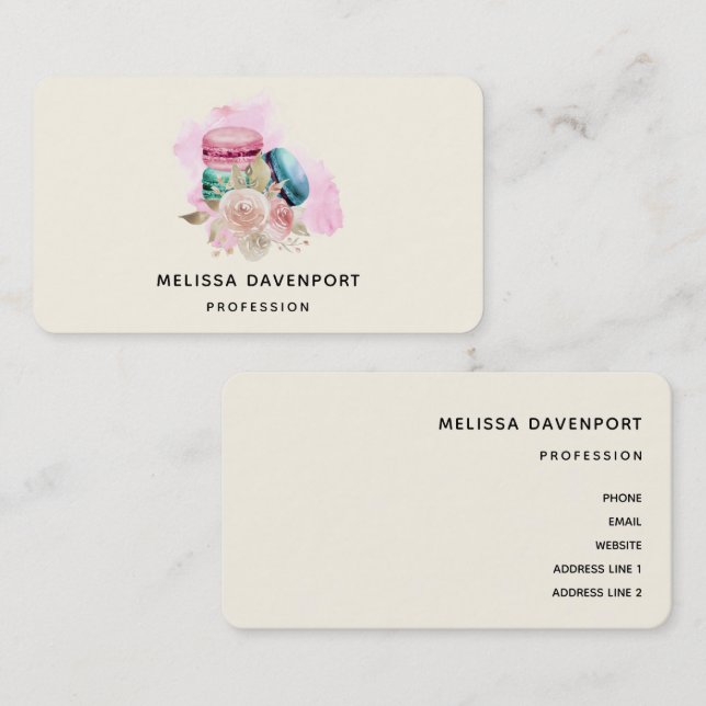 Färgmakaroner och blommor Vattenfärg Visitkort (Fram/baksida)
