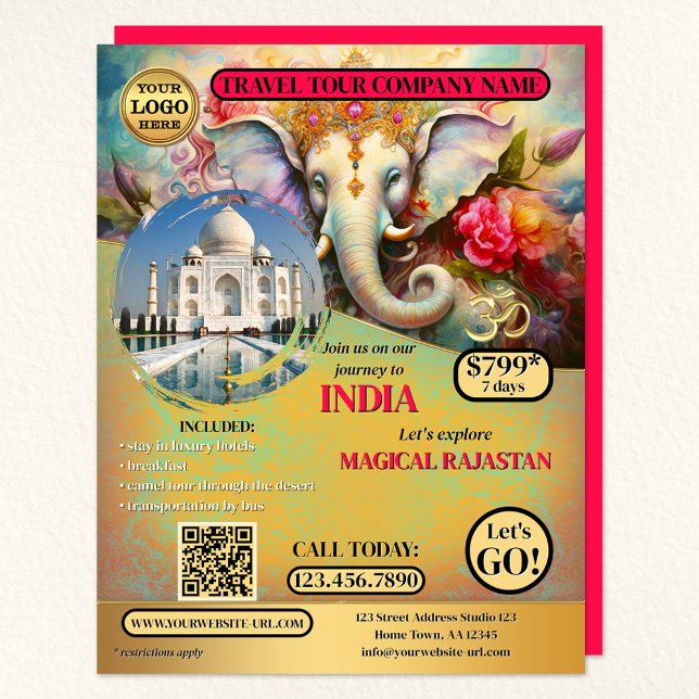 Färgmall för Indien Travel Ganesh Reklamblad (A colorful India travel agency flyer featuring Ganesh with your logo, custom photo and QR code)
