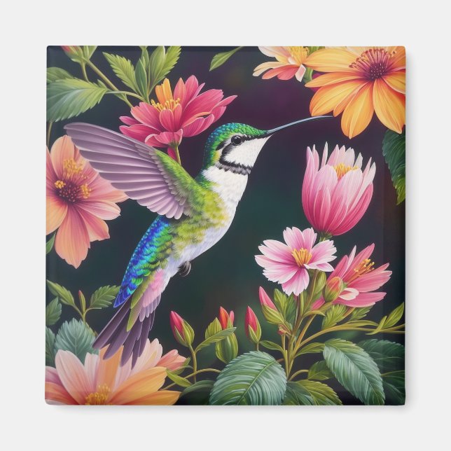 Färgmålning av Hummingbird-Blommigt Magnet (Framsidan)