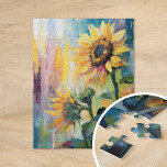 Färgmålning av solblommor Modern Abstrakt Blommigt Pussel<br><div class="desc">En sjudande, modern abstrakt, stil-målning av solblommor. Bilderna har texturerade penseldrag i fet gult, blått och grönt. Det dynamiska borrverket och det livliga färg skapar en känsla av rörelse, som fångar solblommornas skönhet och energi i ett färskt, contemporary stil. Riken struktur och de uttryckliga linjerna gör att biet både blir...</div>